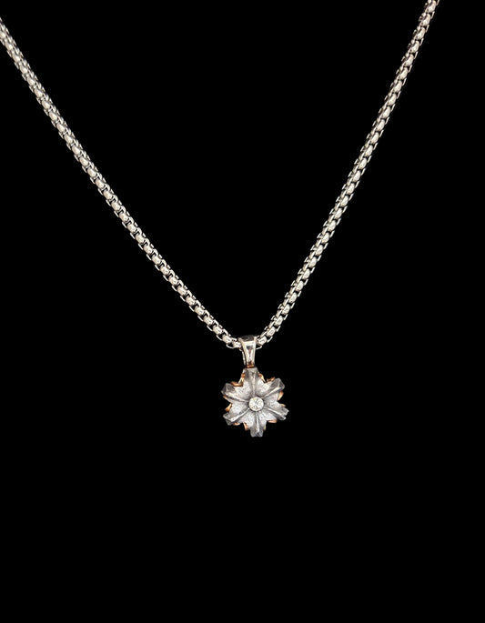 Silver necklace with a flower-shaped pendant on a black background