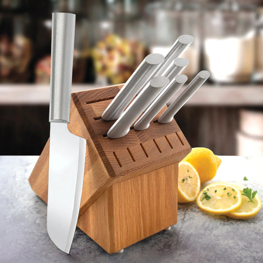 Essential Oak Block Knife Set with Steak Knives PLUS Free Sharpener